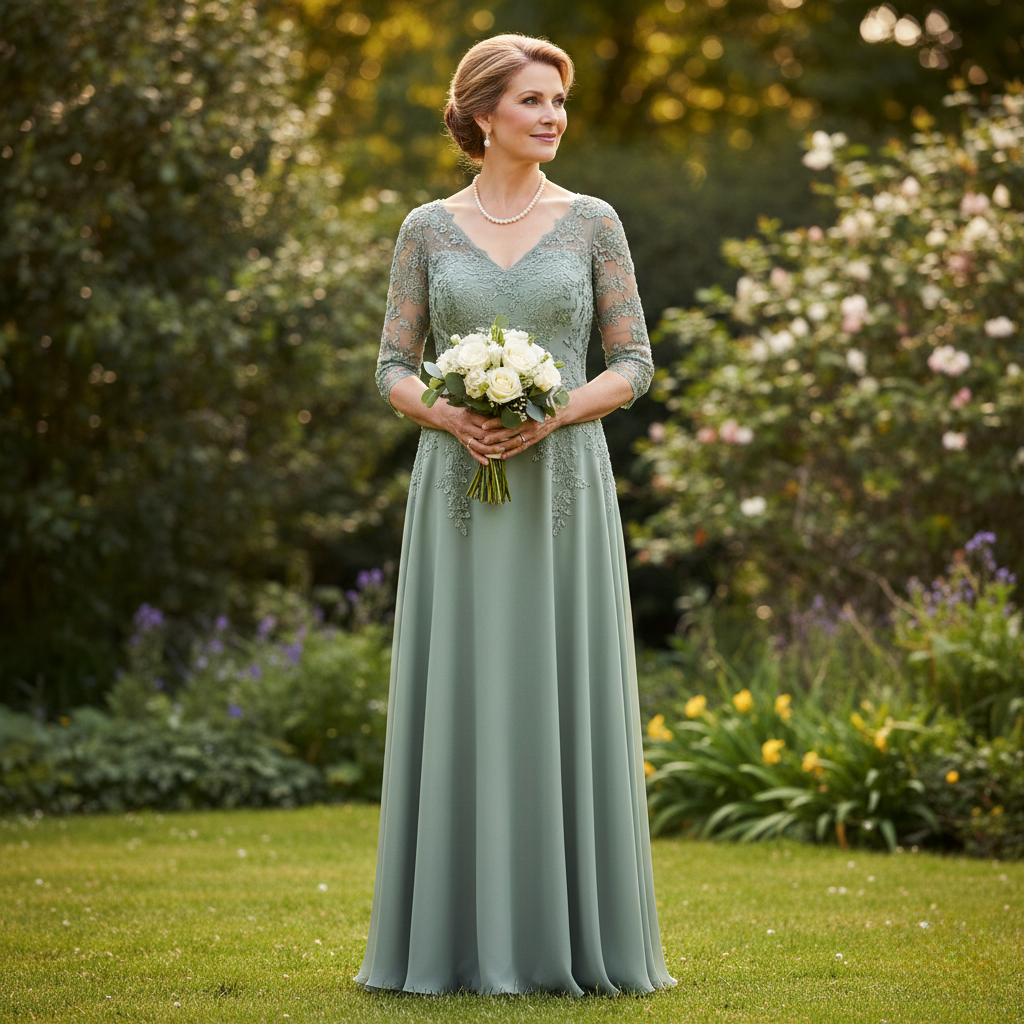 Robe mère de mariée élégante, ton pastel et broderie