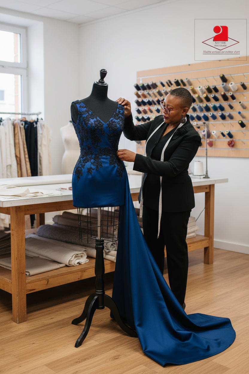 Couturière ajustant une robe sur un mannequin
