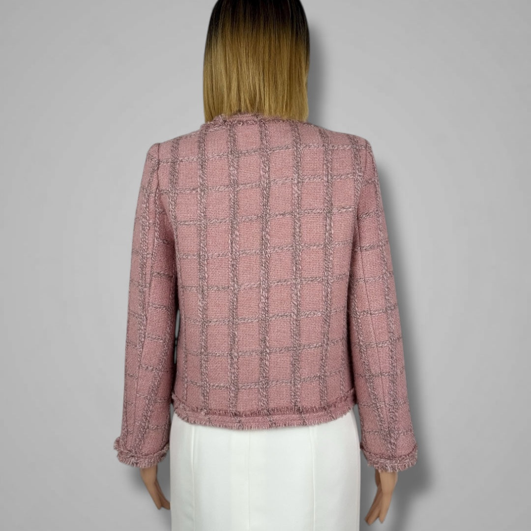 Veste en Tweed Rose Poudré à Carreaux et Franges – Image 3