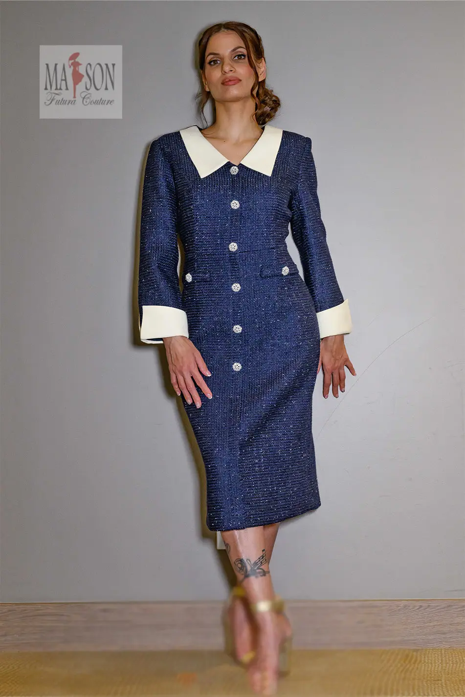 Robe Longue en Tweed Bleu Nuit Style Tailleur – Image 7