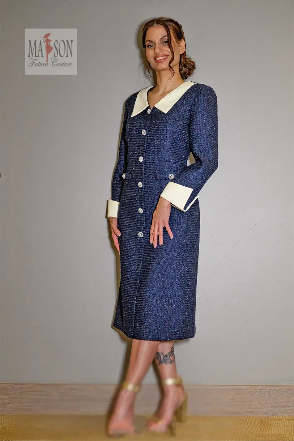 Robe Longue en Tweed Bleu Nuit Style Tailleur – Image 6