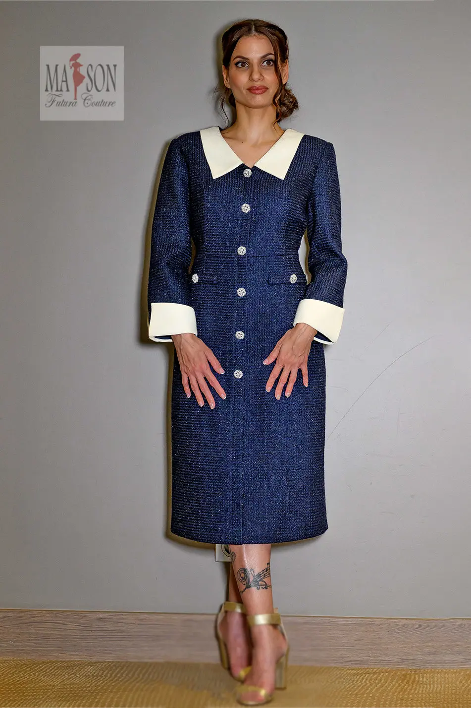 Robe Longue en Tweed Bleu Nuit Style Tailleur – Image 5