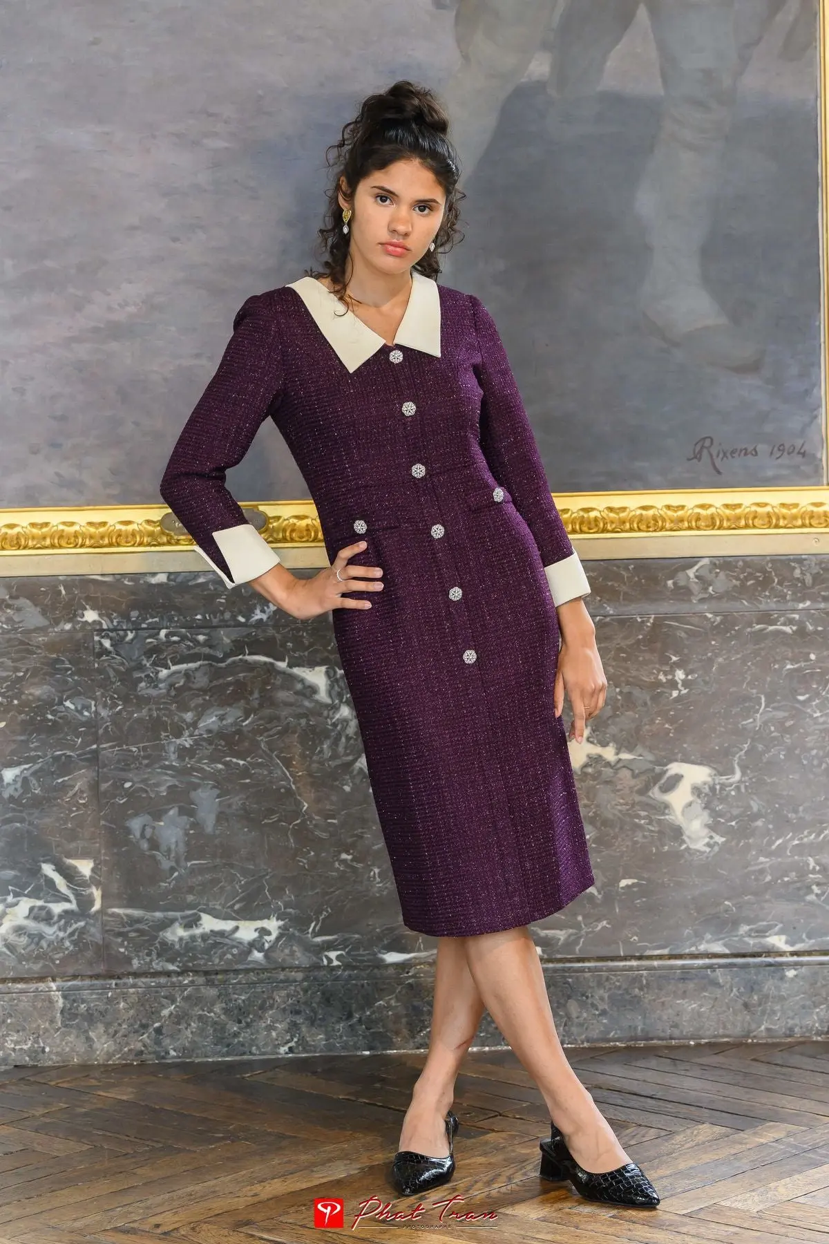 Robe Longue en Tweed Bleu Nuit Style Tailleur – Image 3