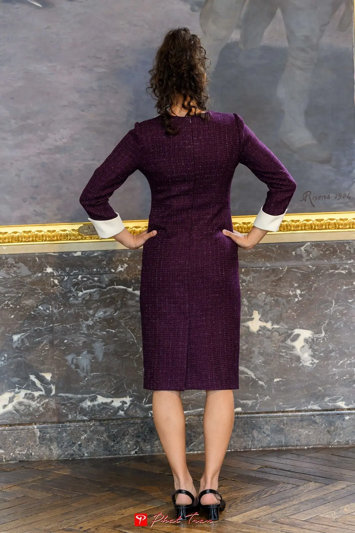 Robe Longue en Tweed Bleu Nuit Style Tailleur – Image 2