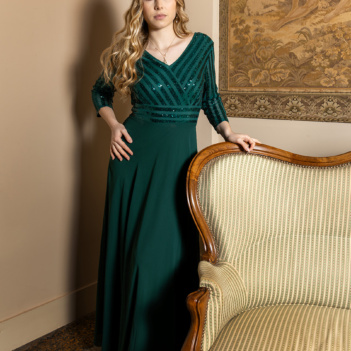 Robe de soirée cache-cœur à manches trois quarts Éveil de Désir en mousseline et lycra pailleté — Futura Couture Toulouse