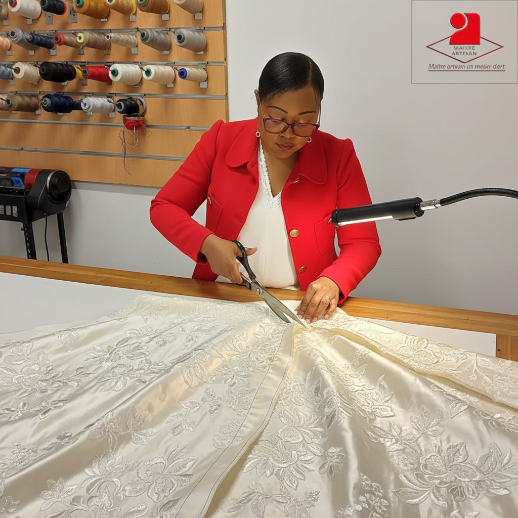 Albertine dans son atelier de couture à Toulouse