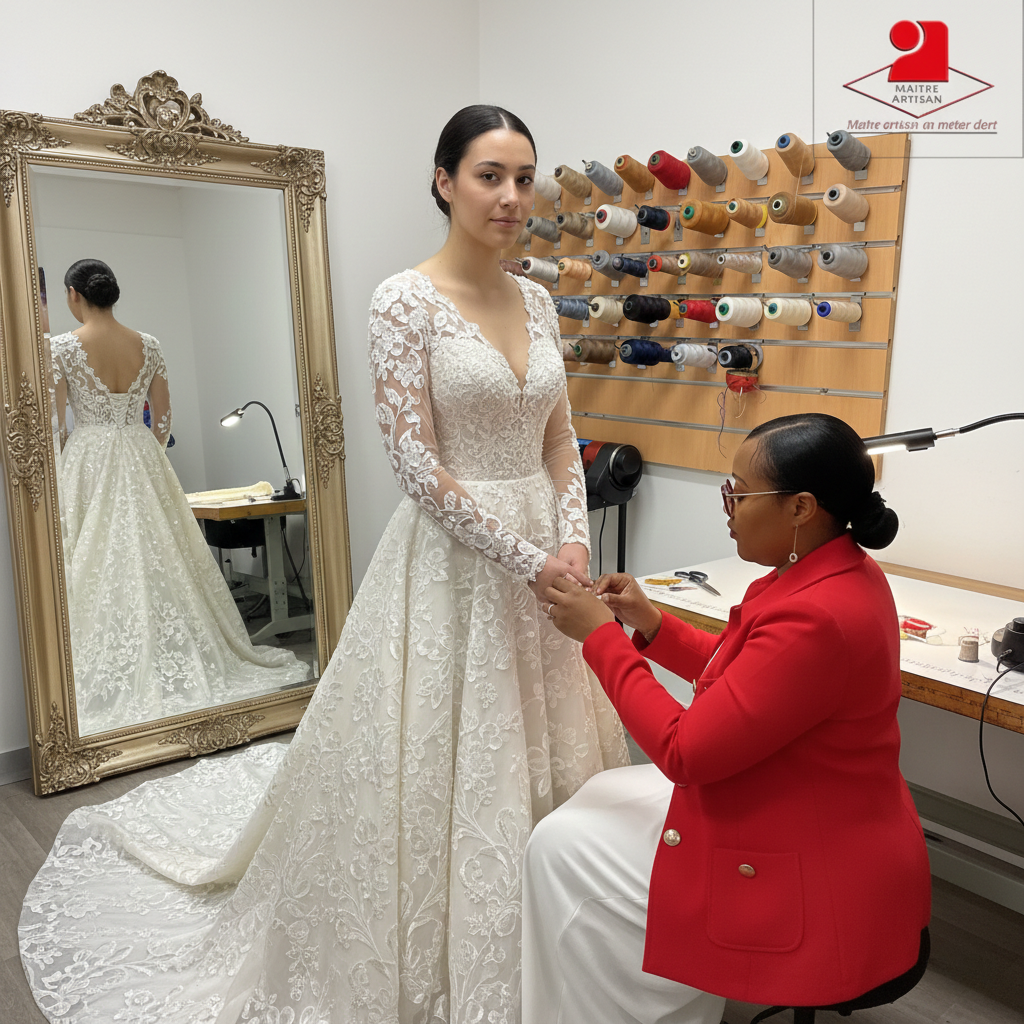 Broderies de perles et détails précieux sur une robe de mariée