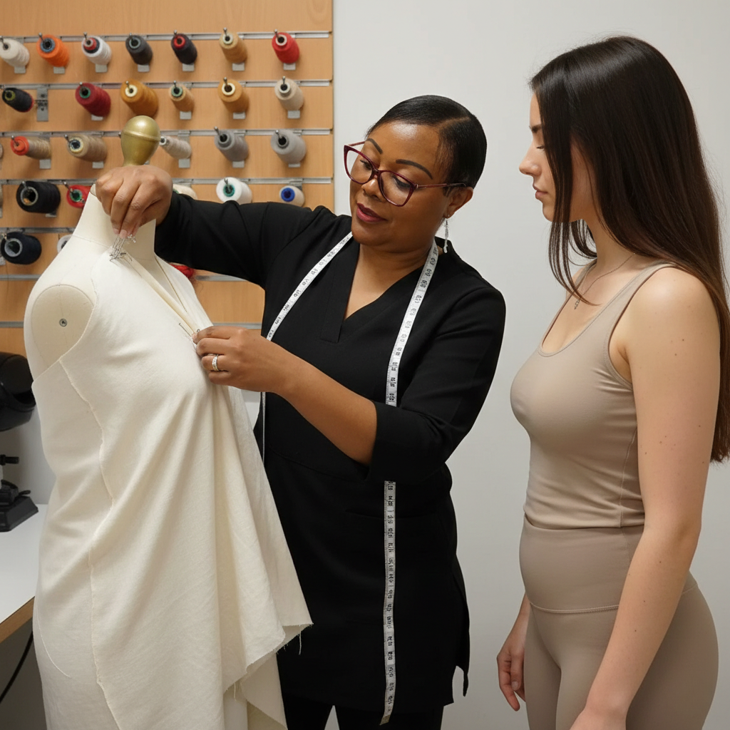 Essayage d'une robe blanche, ajustement par la couturière