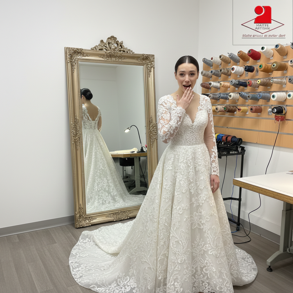 Femme émue découvrant sa robe de mariée terminée